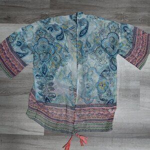 Women's Paisley Blue and Pink Sheer Kimono with Pink Tassels Size Medium